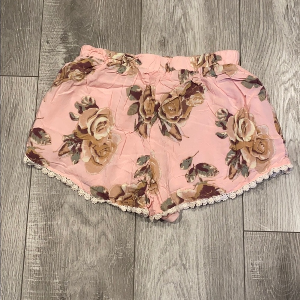 Pink Floral Shorts w/ Crochet Hem - Picture 3 of 8